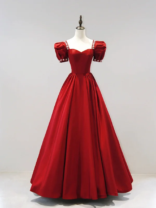 Burgundy Satin Floor Length Princess Dress with Beaded, A-Line Short Sleeve Evening Party Dress Satin Halter Glamorous