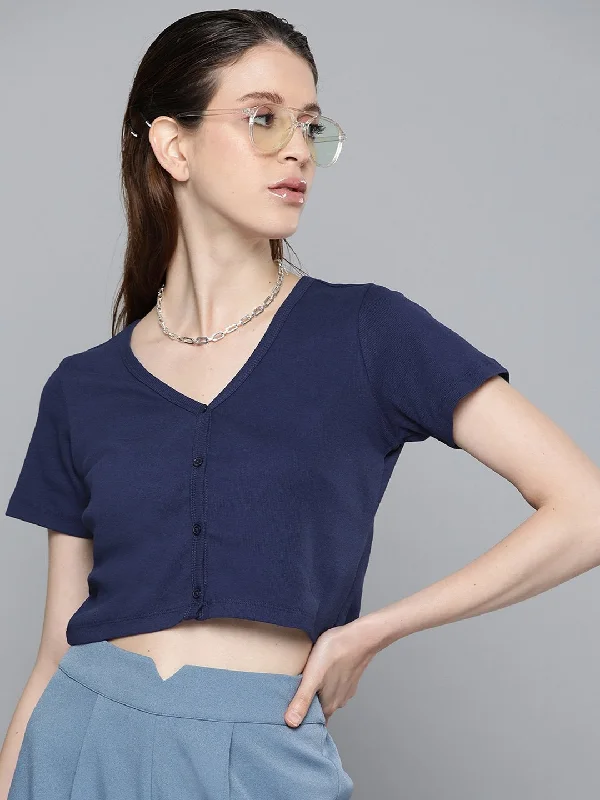 Women's Navy Front Button Crop Top - SASSAFRAS Wool Fabric Cashmere Fabric Tweed Fabric
