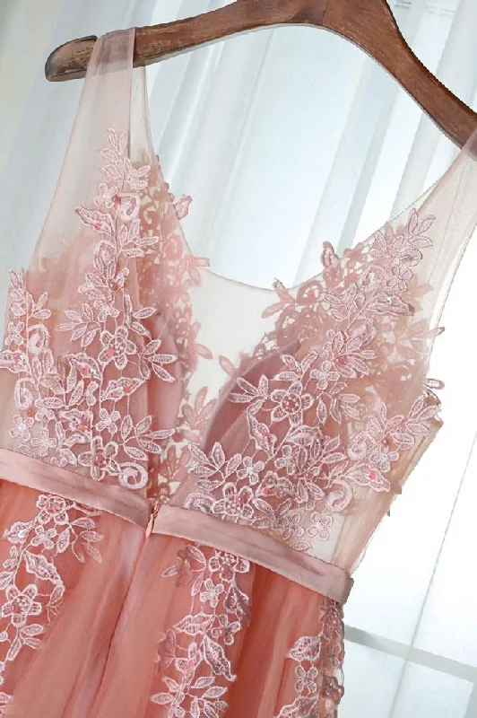 Pink Long New Prom Dress, Party Dress with Lace Applique Sequined Elegant Party