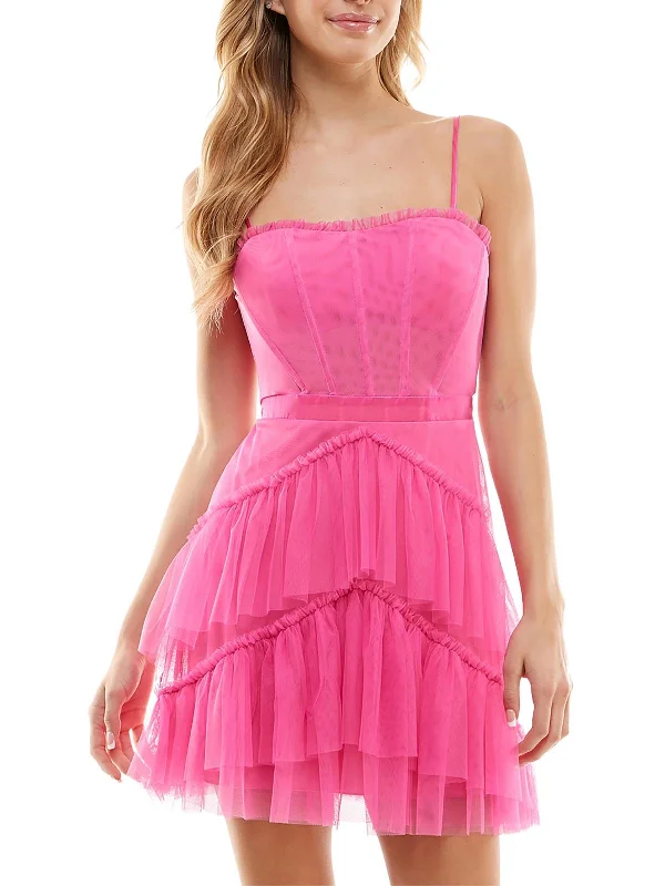 Juniors Womens Tiered Ruffled Cocktail and Party Dress Boatneck Modish Everyday