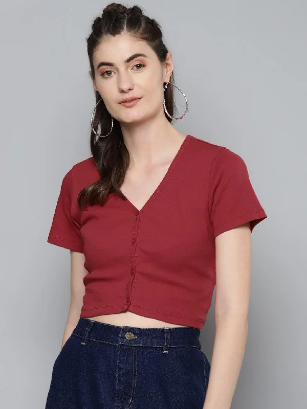 Women's Red Front Button Crop Top - SASSAFRAS Machine Wash Dry Clean Hand Wash
