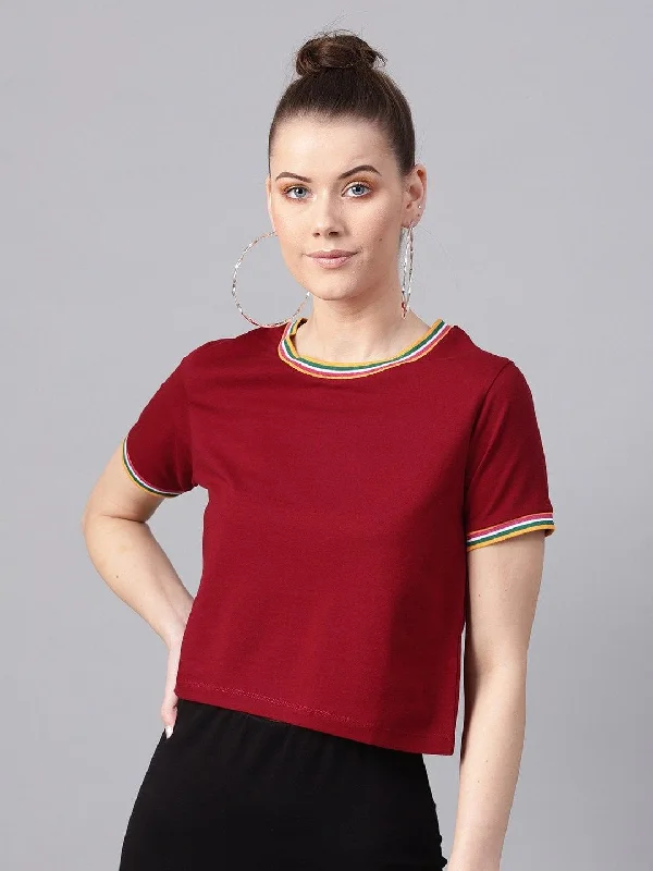 Women's Maroon Athleisure Rib Crop Top - SASSAFRAS Lace Blend Ribbed Blend Corduroy Blend