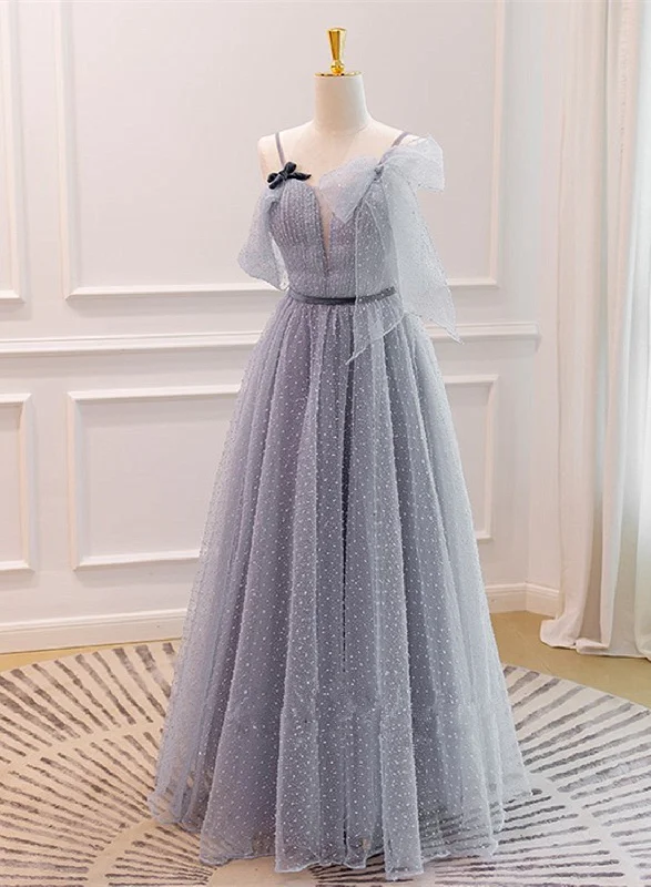 Grey A-line Straps Tulle Floor Length Party Dress, Grey Evening Dress Graduation Dress Off-the-shoulder Chic Trendy