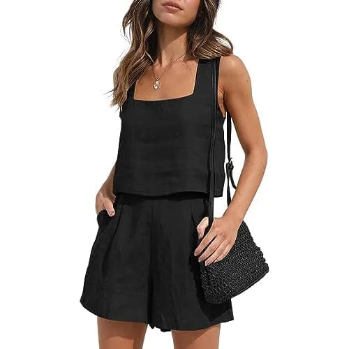 2-Piece Set: Women's Lounge Matching Sets Linen Shorts Crop Tops Print Jacquard Patchwork