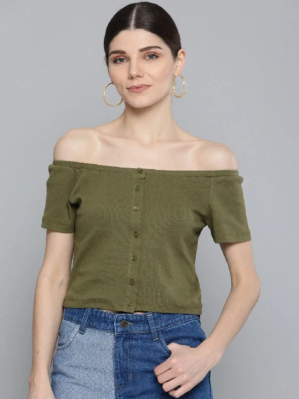 Women's Olive Front Button Bardot Crop Top - SASSAFRAS Elasticated Padded Insulated