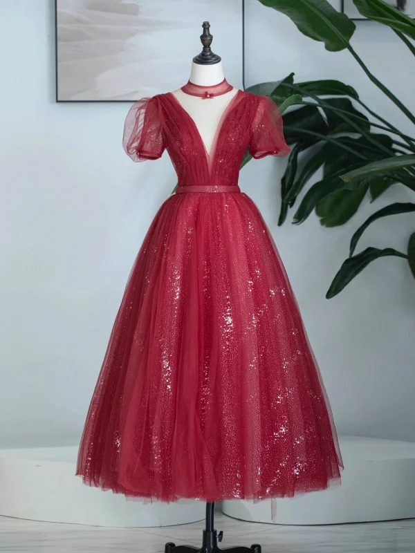Burgundy Tulle Sequins Tea Length Prom Dress, A-Line Evening Party Dress Tunics Versatile functional