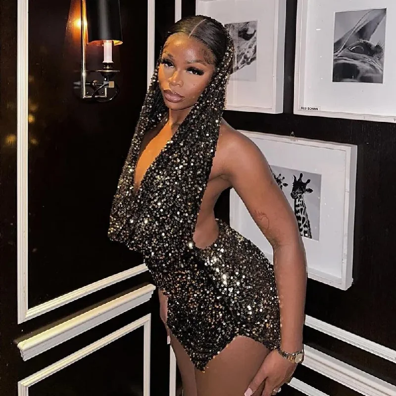 Sequin Mini Black Dress Sexy Club Party Bodycon Fashion Evening Dresses Women 2023 Summer Clothing Elegant Luxury Hoodie Dresses Hoodie with Emblem Brand Identity