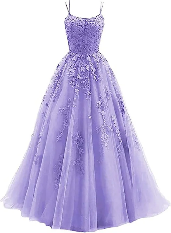 Lavender A-line Tulle with Lace Long Party Dress, Straps Lavender Prom Dress Tunics Winter warm