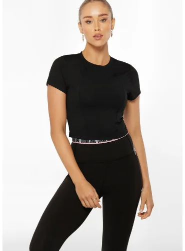 Lorna Jane Cutout Active Short Sleeve Crop Top - Black Satin Blend Silk Blend Wool Blend