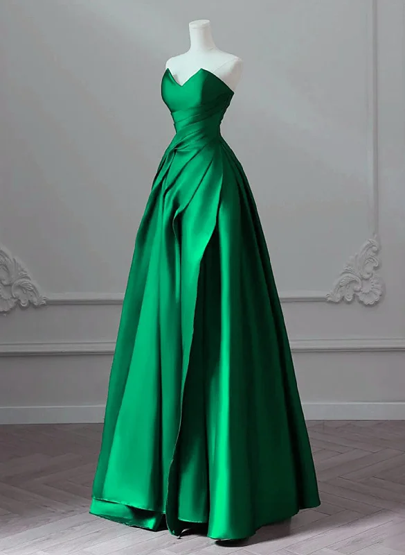 A-line Green Satin Lace-up Floor Length Party Dress, Green Satin Prom Dress Tunics Luxurious premium