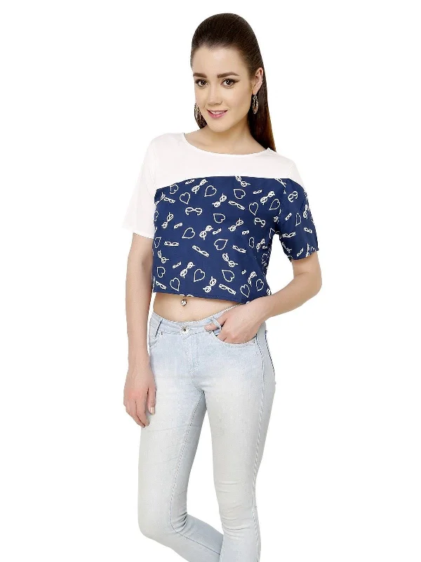 Women's Blue Specs Crop Top - Pannkh Hooded Caped Shawl Collar