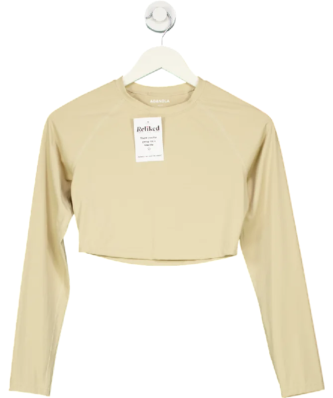 Adanola Beige Long Sleeve Gym Crop Top UK M Mesh Fabric Canvas Fabric Denim Fabric