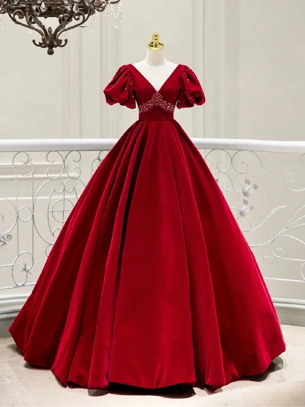 Burgundy Velvet V-Neck Long Formal Dress, A-Line Short Sleeve Evening Party Dress Tunics Chic fashionable