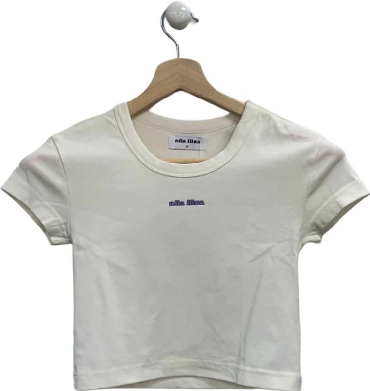 Nila Iliza White Crop Top UK S Spandex Blend Rayon Blend Denim Blend