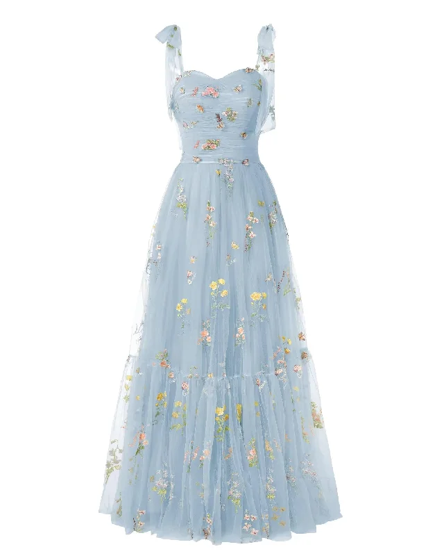 Elegant Embroidery Blue Prom Dresses Sweetheart Spaghetti Straps A Line Party Dress Long Simple Formal Dress Tunics Spring floral