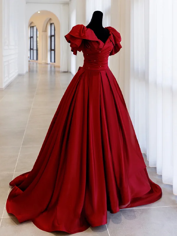 Burgundy Satin Long Prom Dress, A-Line Evening Party Dress Lace Sexy Club
