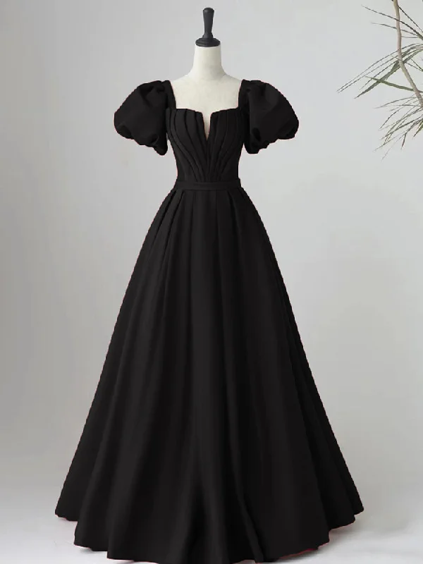 Black Satin Puffy Sleeves Long Evening Party Dress, Black Long Prom Dress Turtleneck Warm Winter