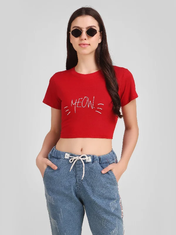 Women Red Crop Top - NOZ2TOZ Print Jacquard Patchwork