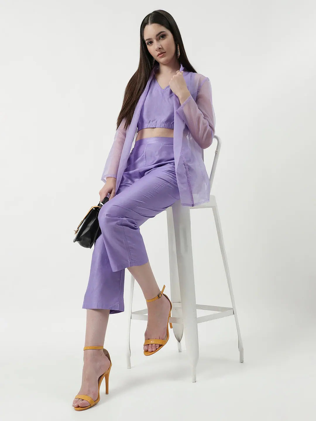 Stylish Crop Top With Sheer Coverup And Matching Pant Set Welt Pockets Slit Pockets Flap Pockets