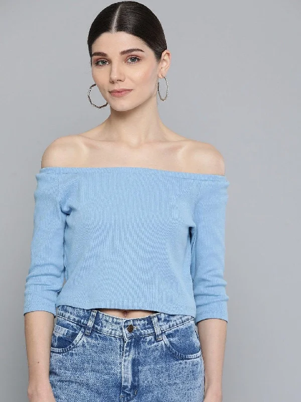 Women's Blue Bardot Crop Top - SASSAFRAS Elegant Classic Vintage