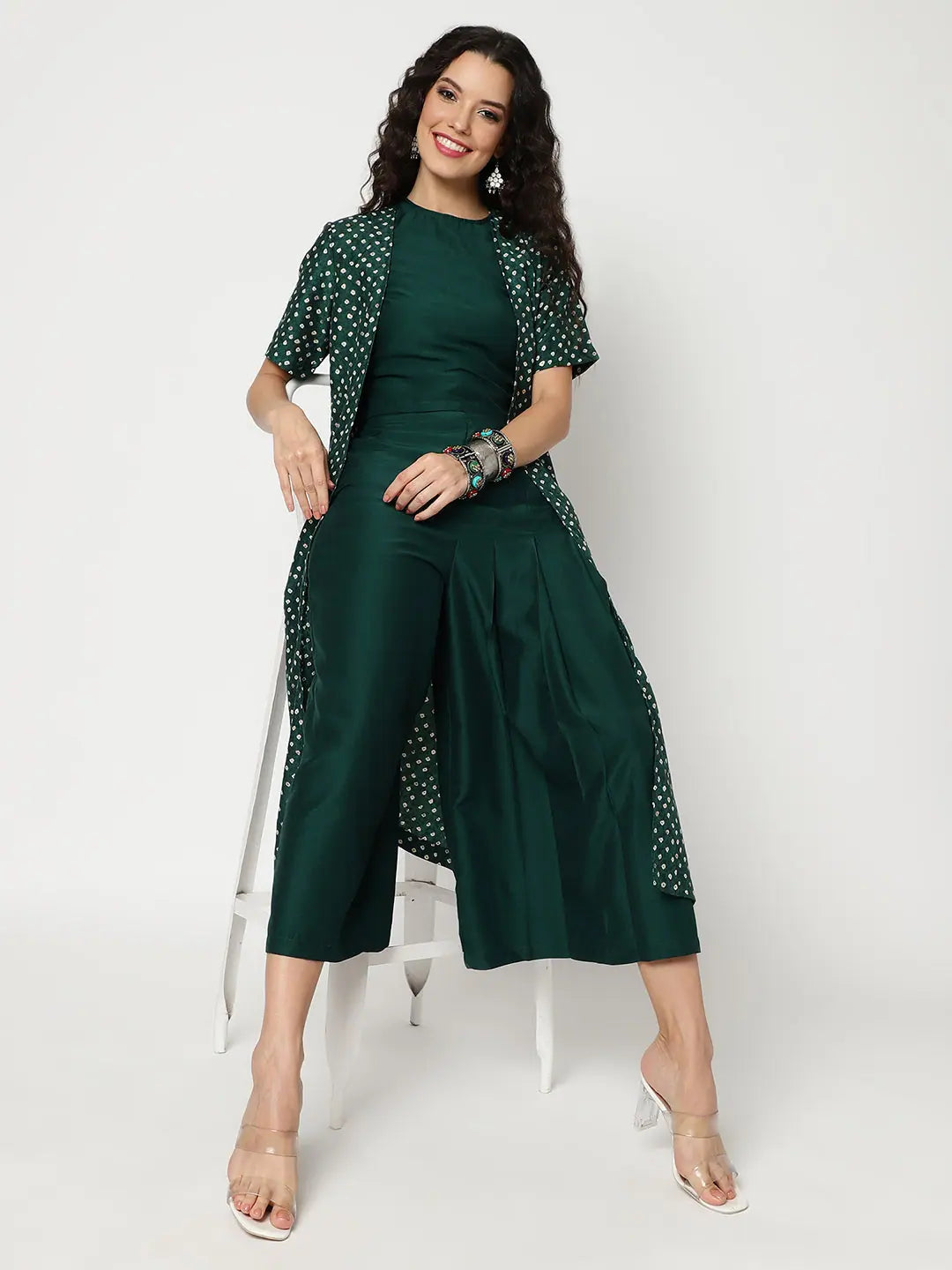 Bandhani Foil Printed Shrug With Solid Crop Top And Matching Pant Set Striped Floral Plaid