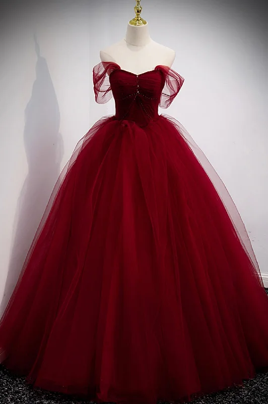 Burgundy Tulle Long A-Line Prom Dress, Burgundy Evening Party Dress Tunics Stylish modern