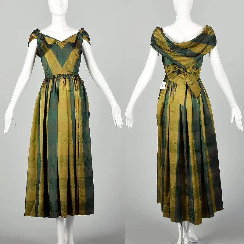 XS 1940s Green Gold Taffeta Party Dress Plaid Tea Length Gown Chevron Bodice Tunics Floral girly