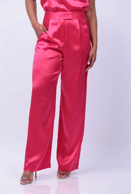 The Sei Wide Leg Silk Pants in Peony Fashionable Button-Up Pants