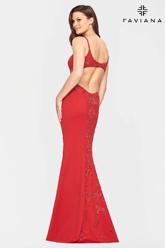 Red Jersey Long Dress With Beaded Lace Applique And Open Back Tunics Canvas sturdy