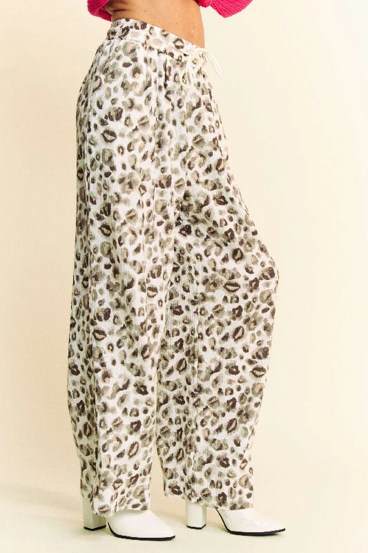 Davi & Dani Drawstring Leopard Wide Leg Pants Casual Plaid Pants