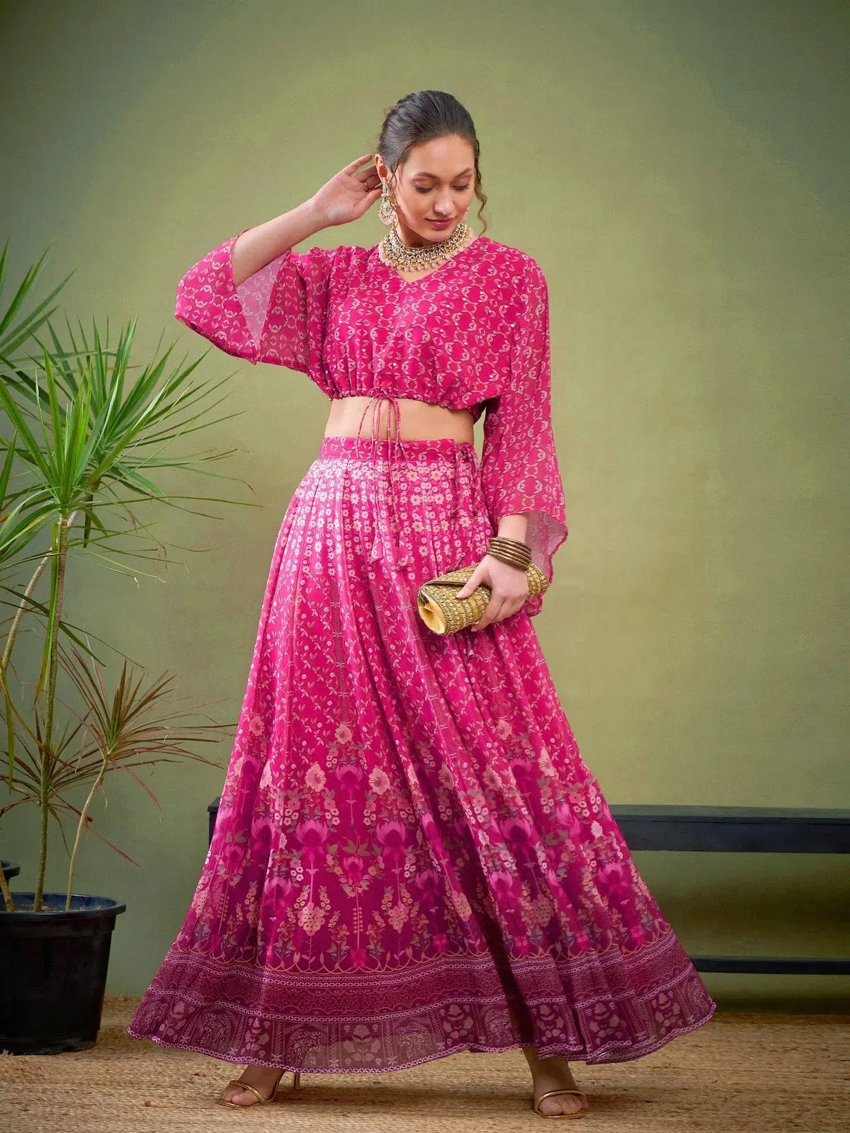 Women Pink Floral Anarkali Skirt With Crop Top Notch Collar Peter Pan Collar Cowl Neck Women Pink Floral Anarkali Skirt With Crop Top Notch Collar Peter Pan Collar Cowl Neck
