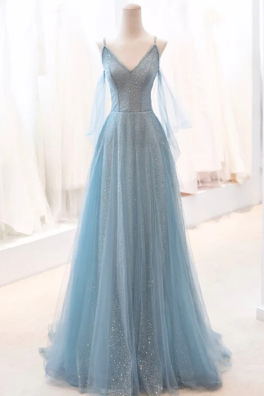 Blue Spaghetti Strap Tulle Long Prom Dress, V-Neck Evening Party Dress Boatneck Modish Everyday