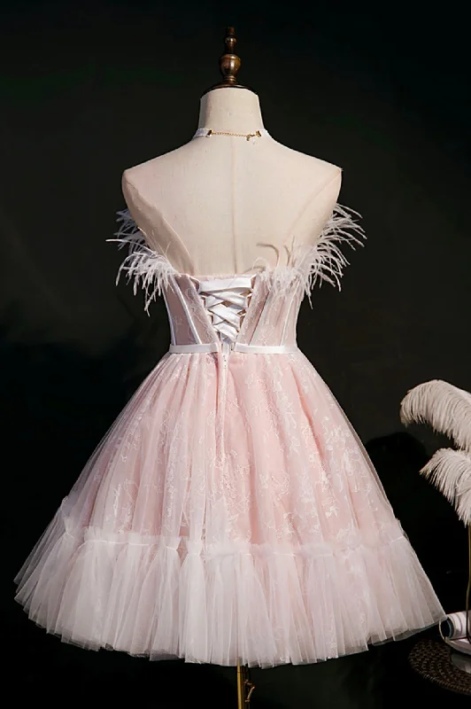 Pink A-Line Tulle Short Prom Dress with Feather, Pink Strapless Party Dress Tunics Stylish elegant