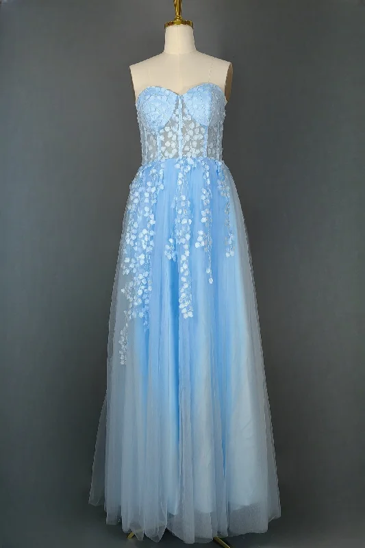 Light Blue Sweetheart Tulle Lace Prom Dresses Long Evening Party Dresses Tunics Sophisticated sleek