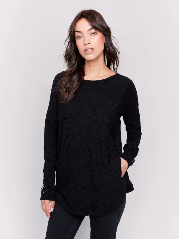 LACE-UP DETAIL SWEATER W/POCKETS - BLACK Iron Safe Non-Iron Wrinkle Free
