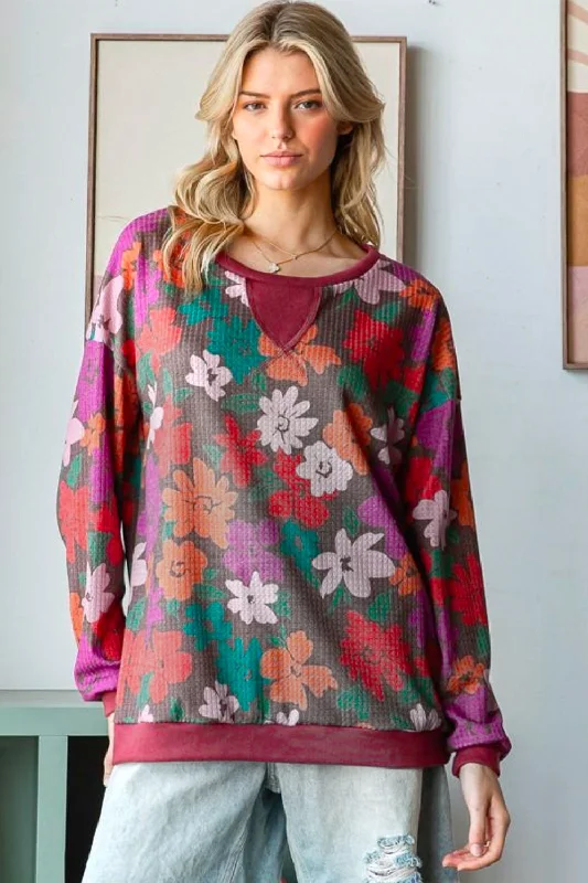 Look Adorable Brown/Multicolor Floral Waffle Terry Reverse Stitch Pullover Sheath Sleeve Elegant