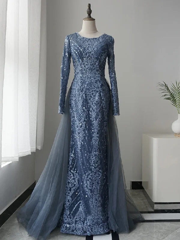 Mermaid Scoop Neck Luxury Long Sleeve Prom Dress Lace Beaded Evening Gowns GKF003