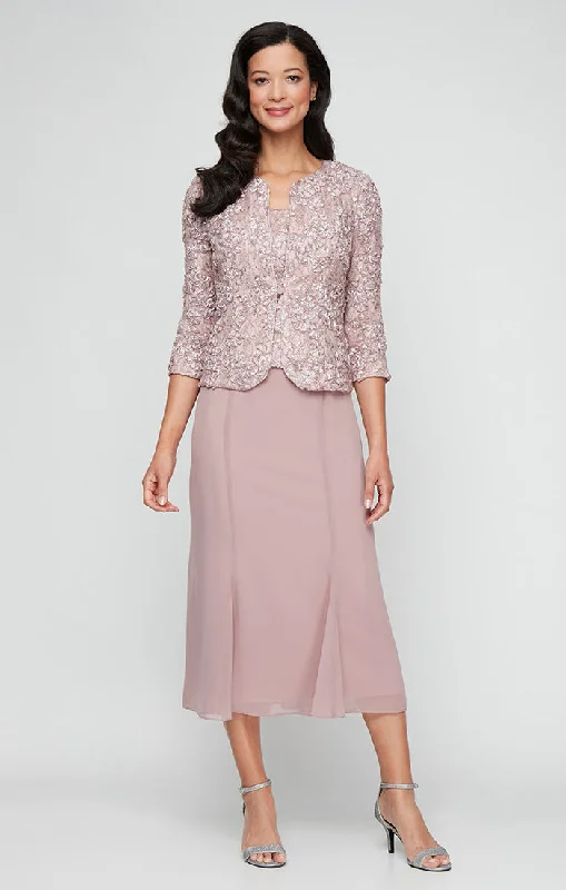 Tea Length Soutache Dress with Center Front Button Jacket and Chiffon Skirt Zippered Front Buttoned Front Snap Front