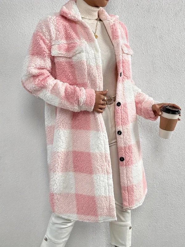 Cozy Checkered Teddy Jacket Tiered Jacket Buttoned Jacket Zippered Jacket