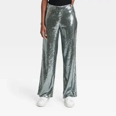 New - A New Day Women's Relaxed Leg High Rise Sequin Trouser Pants High Waist Slim Fit Ankle Length