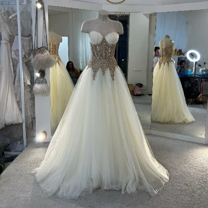 Gorgeous Beige Tulle Prom Dresses with Handmade Beading Sweetheart Soft Mesh Bridal Dress Boho Beach Wedding Gown فساتين السهرة Gorgeous Beige Tulle Prom Dresses with Handmade Beading Sweetheart Soft Mesh Bridal Dress Boho Beach Wedding Gown فساتين السهرة