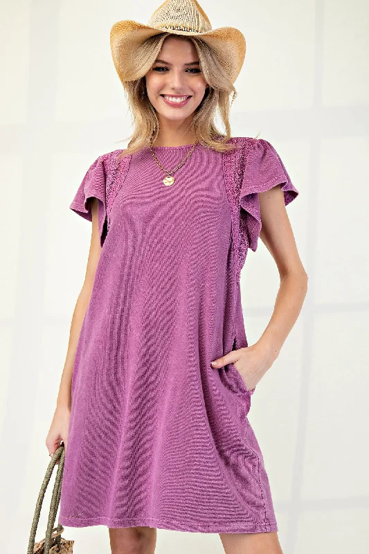 Easel Mineral Washed Dress with Wing Sleeves and Lace Details in Orchid