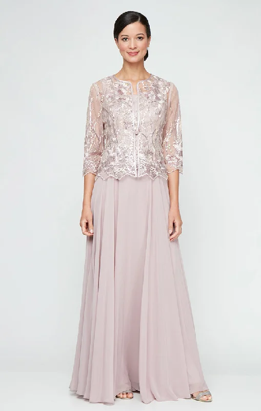Long Sequin Embroidered Mock Jacket Dress with Center Front Closure Jacket and Full Skirt Notch Collar Peter Pan Collar Cowl Neck