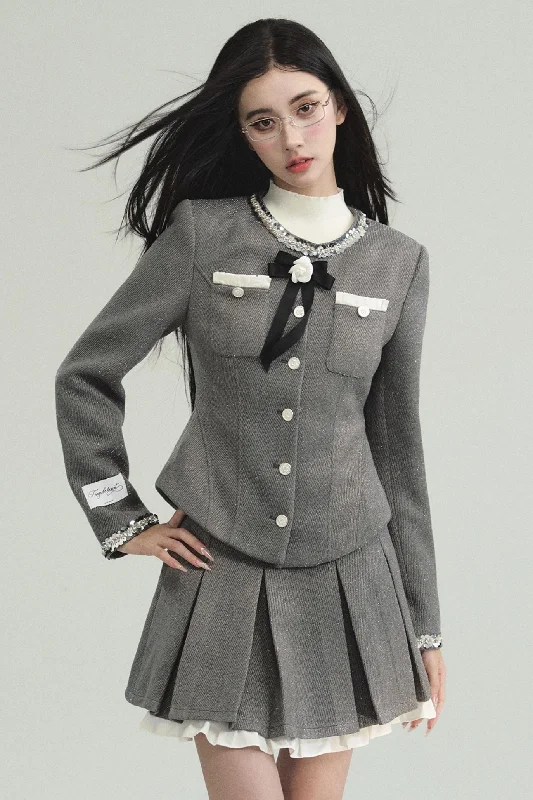 Golden Wind Waist Jacket Skirt Set Notch Collar Peter Pan Collar Cowl Neck