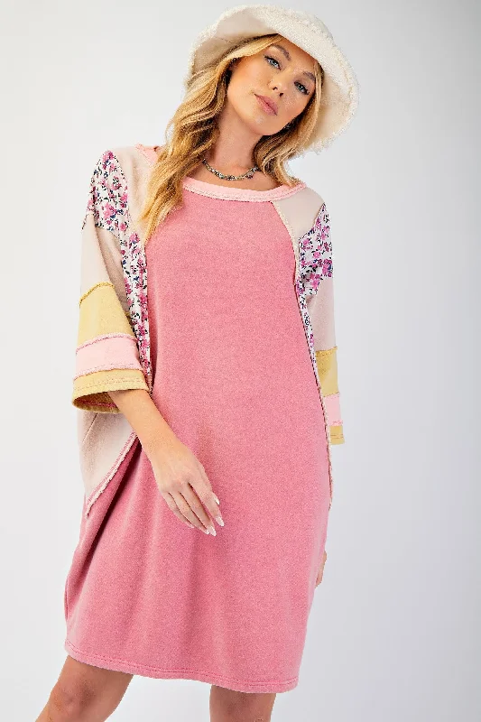 Easel OVERSIZED Terry Knit and Color Mix Dress in Blush Rose