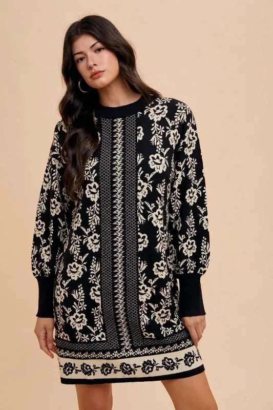 Floral Jacquard Sweater Dress Lace Blend Ribbed Blend Corduroy Blend