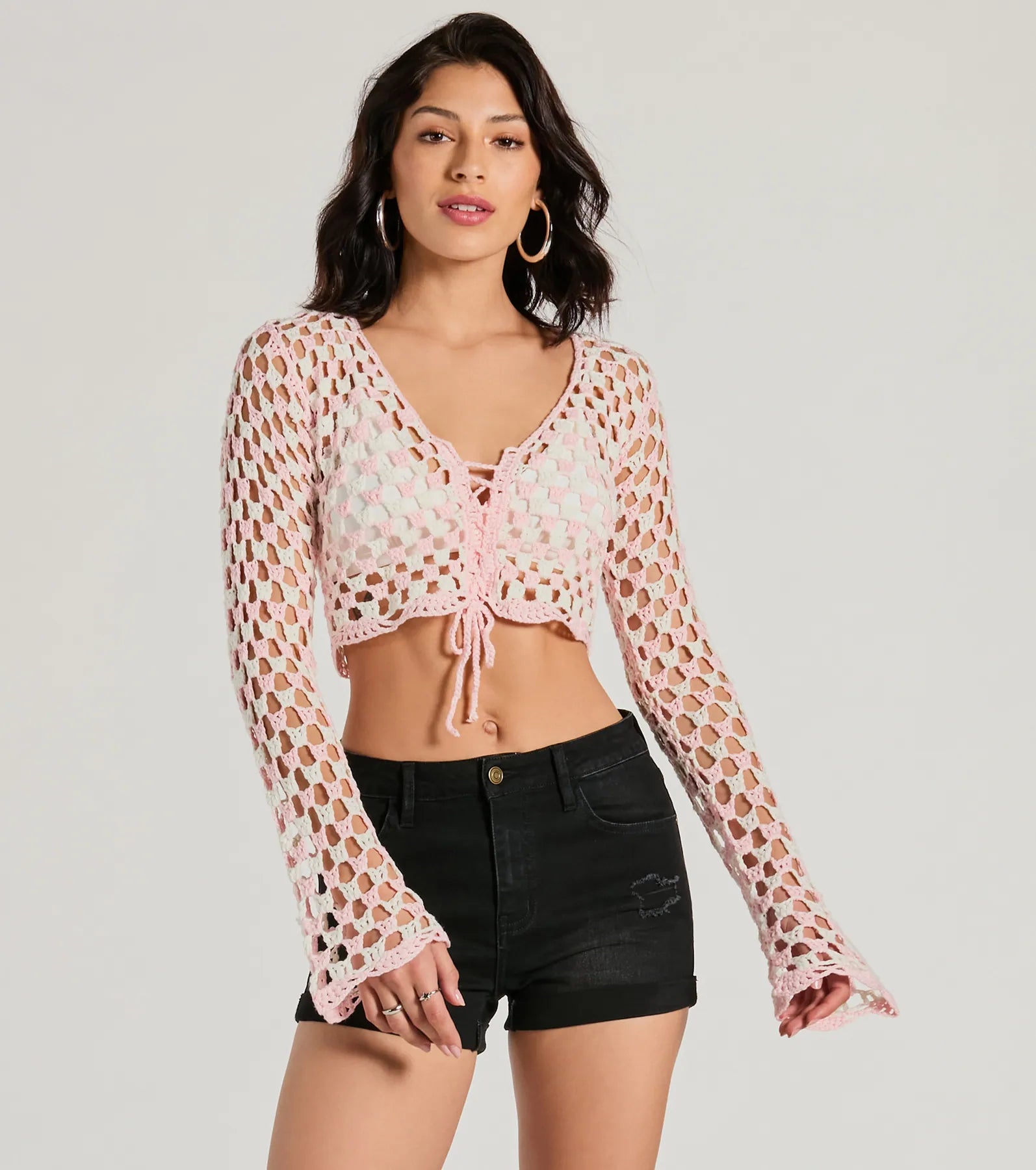 Total Trend Long Sleeve Checker Crochet Sweater Anti-Pilling Anti-Shrink Durable