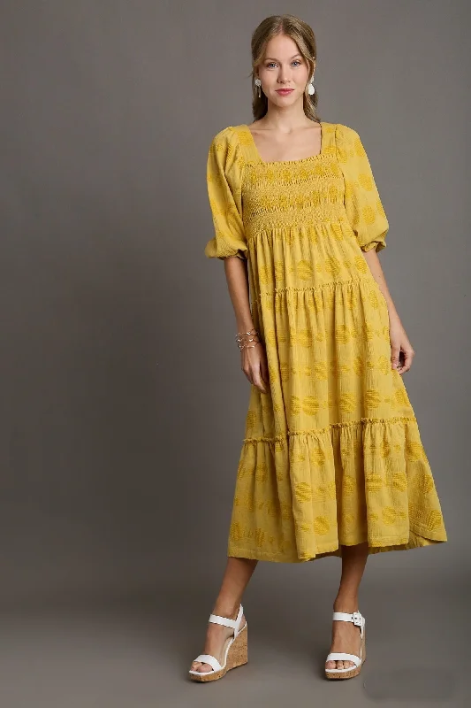 Umgee A-Line Jacquard Swiss Dot Tiered Dress in Goldenrod