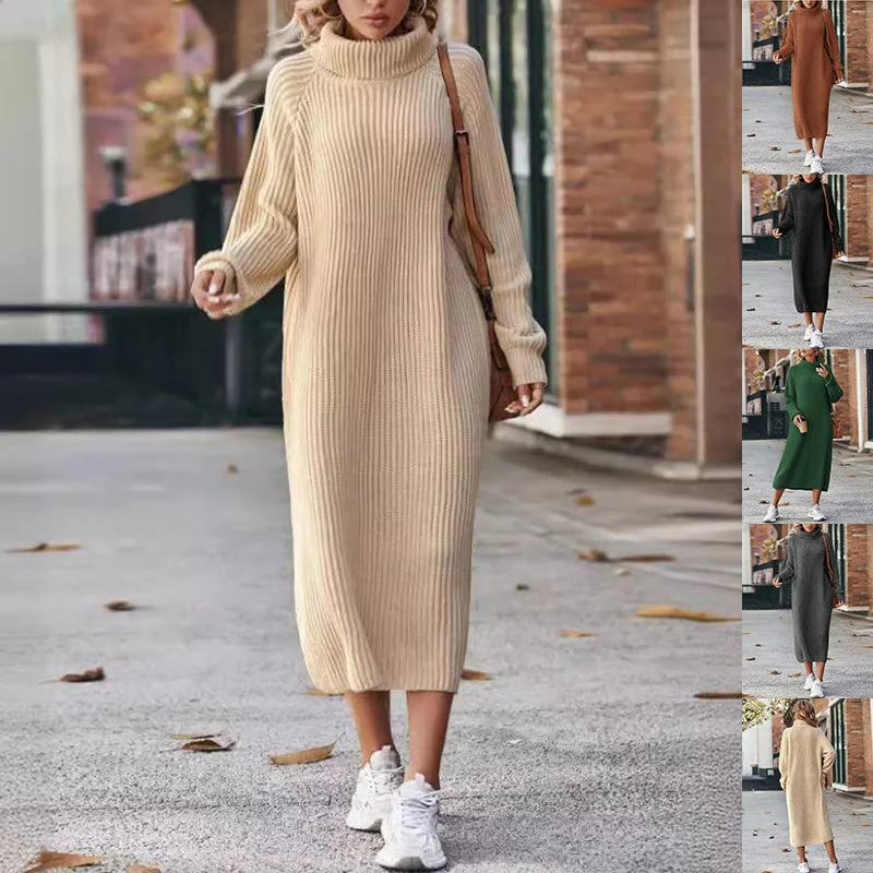 Winter Turtleneck Knitted Sweater Dress Fashion Solid Loose Pullover Long Dresses For Women Clothing Flutter Sleeve Feminine