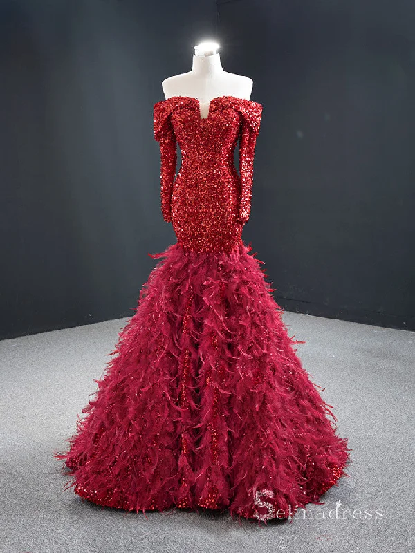 Chic Mermaid Off-the-shoulder luxury Long Prom Dress Burgundy Sparkly Evening Gowns MLH0458